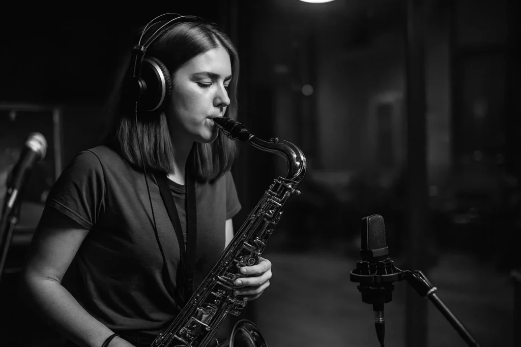Female saxophonist with headphones recording a smooth lo-fi jazz session in the studio for Lofi Mind Melody